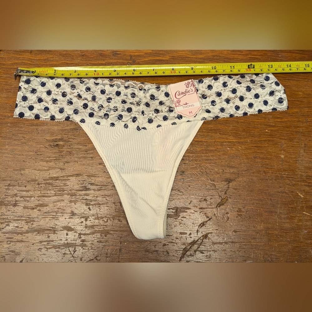 S or M Candie's Ivory Polka Dot Lace Thong Panties Underwear NWT